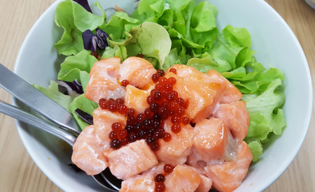 salad with salmon in thailandの写真素材