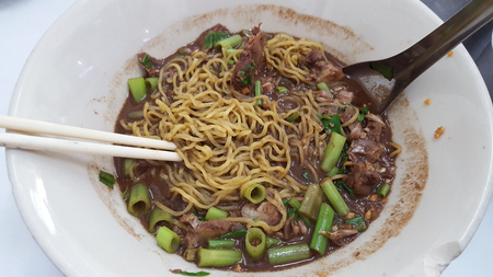 Mixed Noodle. beef, vegetables, flour, water, hot soup. Food Thai style in thailandの写真素材