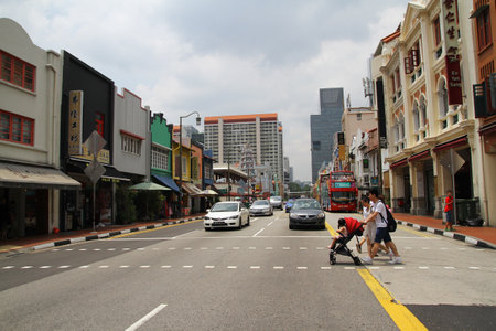 Cross the road at Chinatown, Singapore - April 10, 2016. Cross the road between Old buildings located in Chinatown, Singaporeのeditorial素材