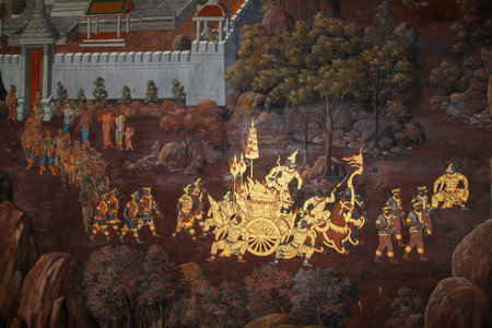 Bangkok, Thailand - October 8, 2010: Oil painting in wat phra kaew is the beautiful from thai artist at thailandのeditorial素材