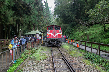 Alishan,taiwan-October 14,2018:Red train stop in foggy day at alishan train station on alishan mountain,taiwan.のeditorial素材