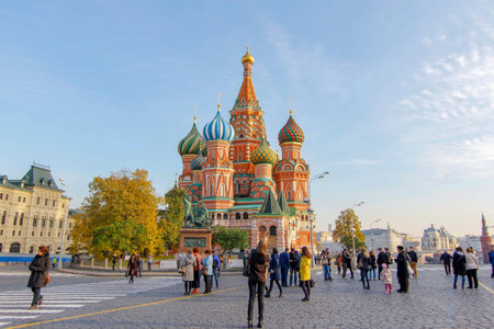 Moscow,Russia,OCTOBER 8,2014 :The Saint Basil's Cathedral at Red Square is most famous for travel in...