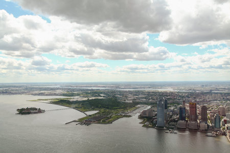 NEW YORK,USA- JUNE 18,2018:Aerial view of river and building in new york city from one world trade...