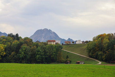 fribourg,switzerland-October 23,2019:The village wood vintage near Gruyeres Castle in fribourg,switzerlandのeditorial素材