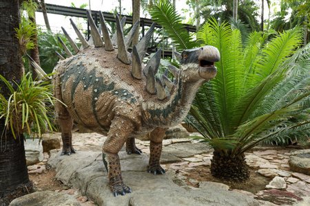 Pattaya,Thailand-September 4,2020:The dinosaurs statue is beautiful in Nong Nooch Tropical Botanical Gardenのeditorial素材