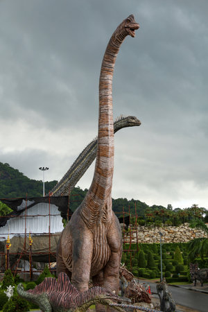 Pattaya,Thailand-September 4,2020:The dinosaurs statue is beautiful in Nong Nooch Tropical Botanical Gardenのeditorial素材