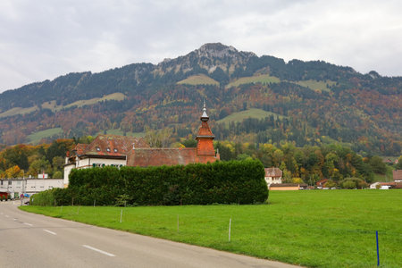 fribourg,switzerland-October 23,2019:The village wood vintage near Gruyeres Castle in fribourg,switzerlandのeditorial素材