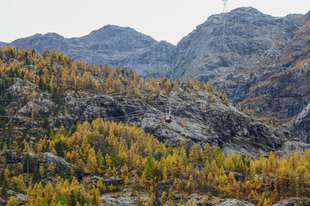 Zermatt, Switzerland-October 21, 2019:View of The rock mountain on Furi cable car station in autumn and rainny day. at furi village ,Zermatt ,Switzerland.のeditorial素材