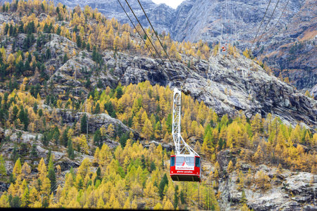 Zermatt, Switzerland-October 21, 2019:View of The rock mountain on Furi cable car station in autumn and rainny day. at furi village ,Zermatt ,Switzerland.のeditorial素材