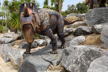 Pattaya,Thailand-September 4,2020:The dinosaurs statue is beautiful in Nong Nooch Tropical Botanical Gardenのeditorial素材