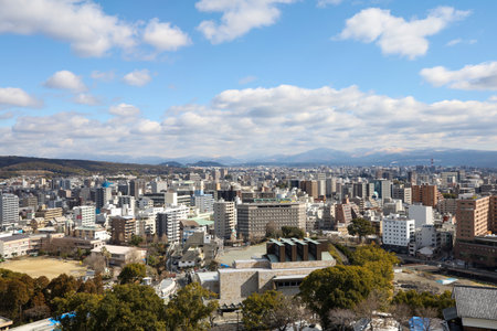 Kumamoto, Japan - January 25, 2023: Landscape of Kumamoto city from Kumamoto castle. Kumamoto is the capital city in Kyushu, Japan.のeditorial素材