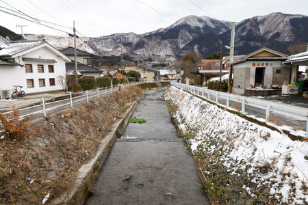View of landscape Yufuin village in the winter after snow fallのeditorial素材
