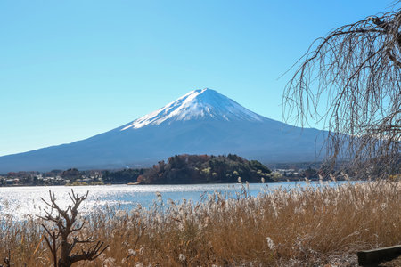 View of landscape fuji mountain in winter at Lake Kawaguchiの写真素材