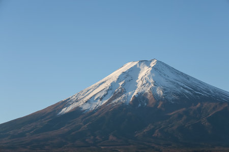 View of landscape fuji mountain in winter at Lake Kawaguchiの写真素材