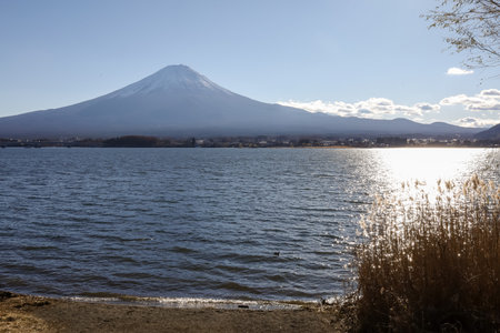 View of landscape fuji mountain in winter at Lake Kawaguchiの写真素材