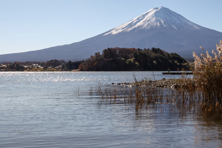 View of landscape fuji mountain in winter at Lake Kawaguchiの写真素材