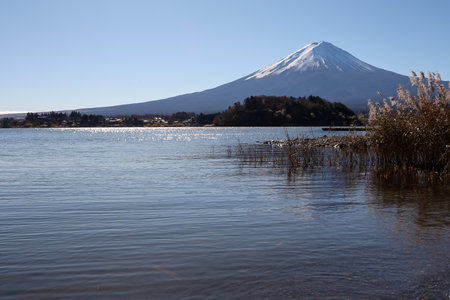 View of landscape fuji mountain in winter at Lake Kawaguchiの写真素材