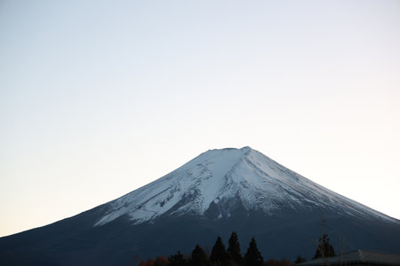 View of landscape fuji mountain in winter at Lake Kawaguchiの写真素材
