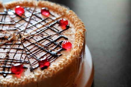 coffee cake with chocolate and jelly topping 