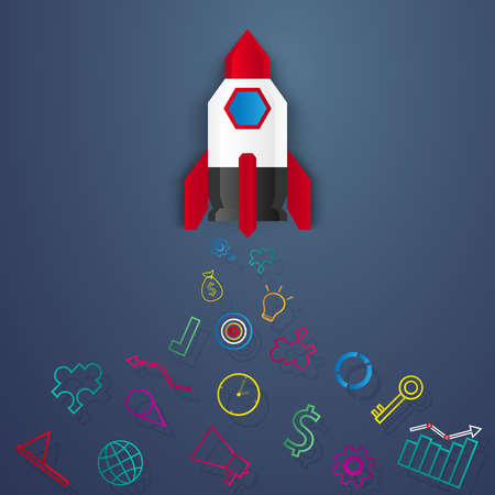 Start up concept , rocket launch , set of icons , paper art styleのイラスト素材
