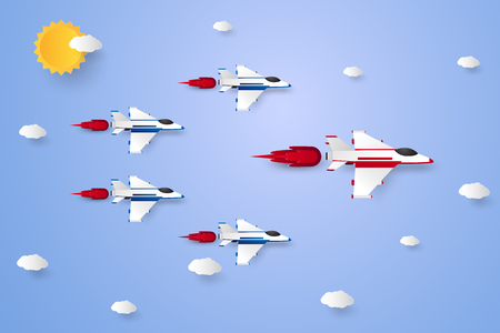 Leadership concept , Jet plane flying in the sky, paper art styleのイラスト素材
