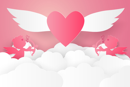 Valentines day , Illustration of love , Cupid on sky with heart , paper art styleのイラスト素材