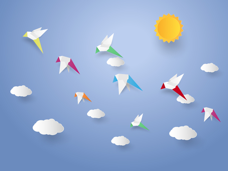 Flock of birds flying in the sky , paper art styleのイラスト素材