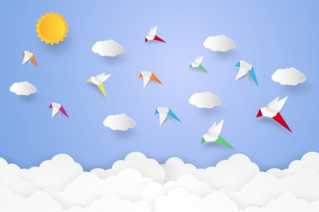 Flock of birds flying in the sky , paper art styleのイラスト素材
