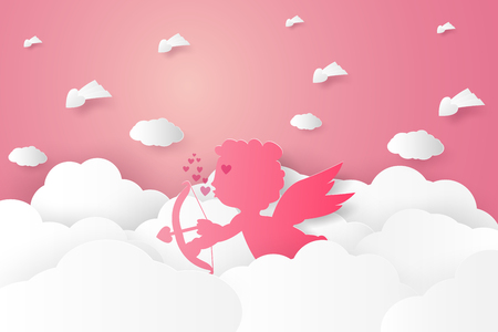Valentines day , Illustration of love , Cupid on sky , paper art styleのイラスト素材