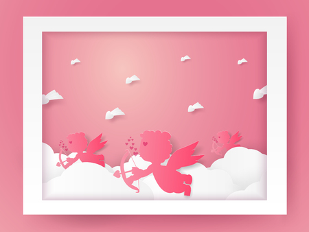 Valentines day , Illustration of love with Cupid on sky in frame , paper art styleのイラスト素材