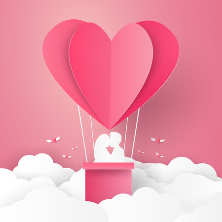 Valentines day , Illustration of love , Couple kissing on hot air balloon in a heart shape , paper art styleのイラスト素材