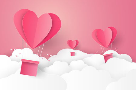 Valentines day , Illustration of love , Hot air balloon in a heart shape flying on sky , paper art styleのイラスト素材