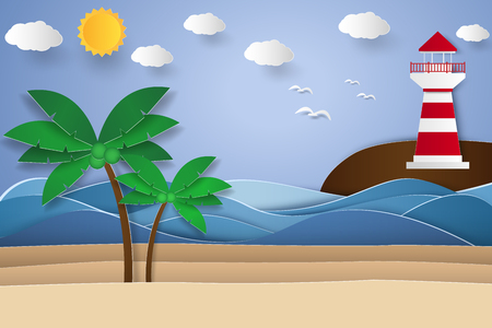 Seascape with coconut tree on beach and lighthouse , paper art styleのイラスト素材