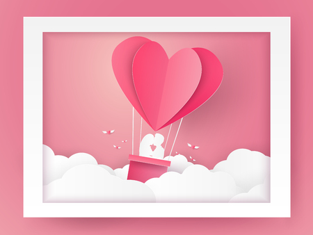Valentines day , Illustration of love , Couple kissing on hot air balloon in window , paper art styleのイラスト素材