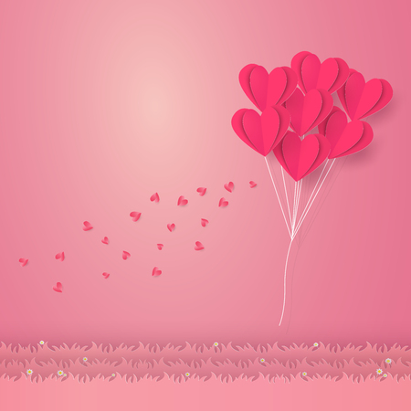 Valentines day , Illustration of love , Heart balloons flying over grass, paper art styleのイラスト素材