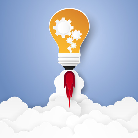 Idea concept , Bulb Rocket flying in the sky , paper art styleのイラスト素材