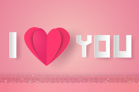 Valentines day , Illustration of love , Lettering with heart , paper art styleのイラスト素材