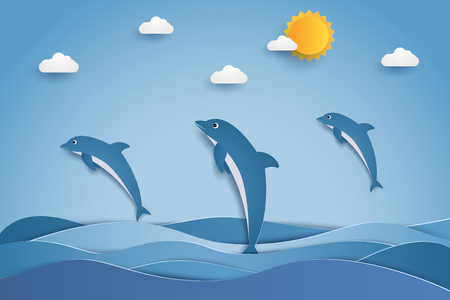 Happy dolphins jumping in sea waves, paper art styleのイラスト素材
