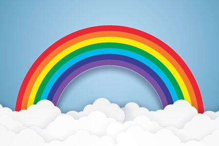 Blue sky with rainbow and cloud , paper art styleのイラスト素材