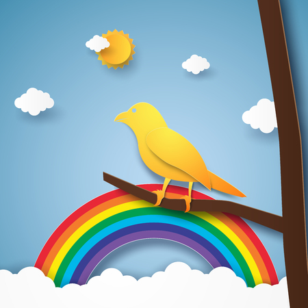 Bird on branch with rainbow and cloud , paper art styleのイラスト素材