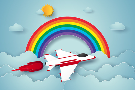 Airplane flying on blue sky with rainbow , paper art styleのイラスト素材