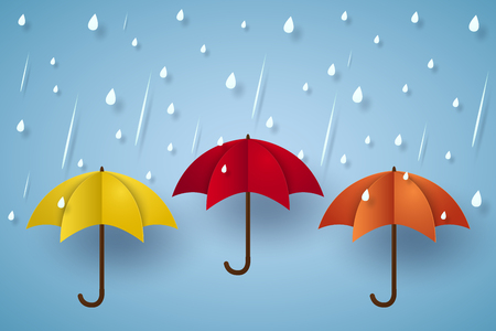 Colorful umbrella with rain , paper art styleのイラスト素材