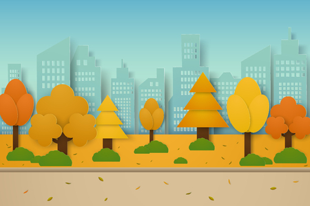 Autumn park with trees and building , paper art styleのイラスト素材