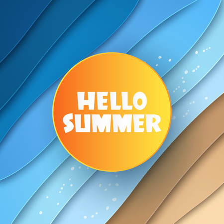 Hello summer , abstract sea and beach background , paper art styleのイラスト素材