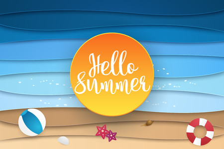 Hello summer , abstract sea and beach background , paper art styleのイラスト素材
