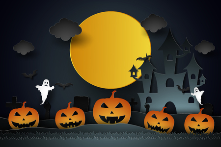 Halloween with castle , pumpkin , ghost and graveyard in the moon , paper art styleのイラスト素材