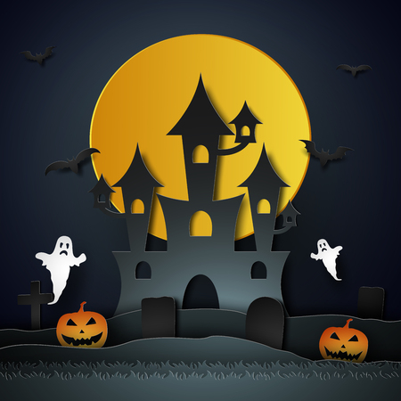 Halloween with castle , pumpkin , ghost and graveyard in the moon , paper art styleのイラスト素材