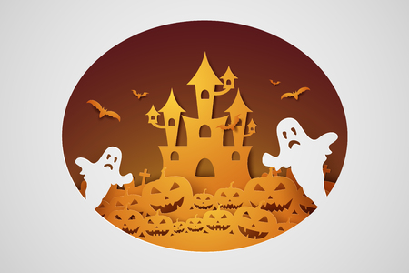 Halloween with castle , pumpkin and ghost , paper art styleのイラスト素材