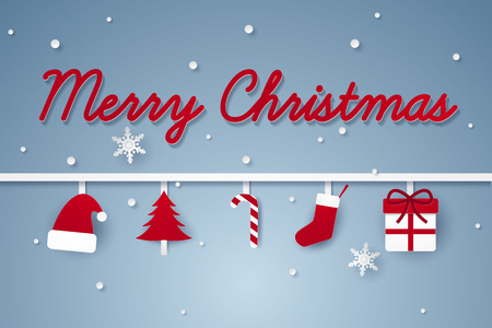 Merry Christmas and Happy New Year , ornaments hanging , paper art styleのイラスト素材