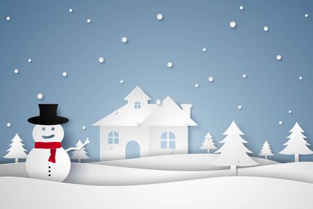 Merry Christmas and Happy New Year, winter landscape with snowman and house, paper art styleのイラスト素材